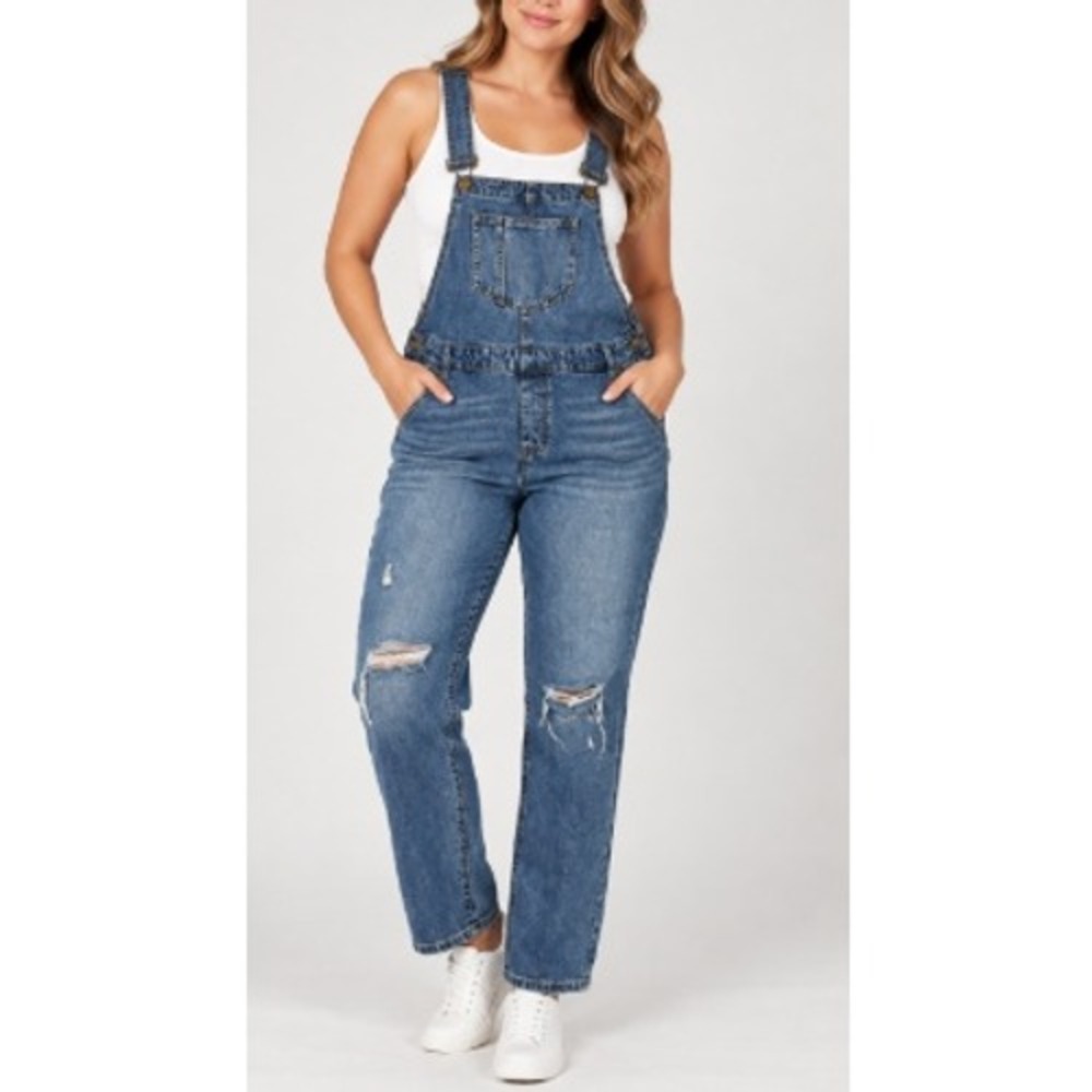 SO Women's Medium Wash Vintage Distressed Denim Stretch Mom Overalls Size XL